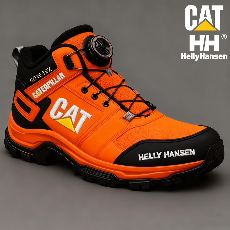 Ciepłe, zimowe, wodoodporne i odporne na przebicie męskie buty robocze marki CAT i Helly Hansen.