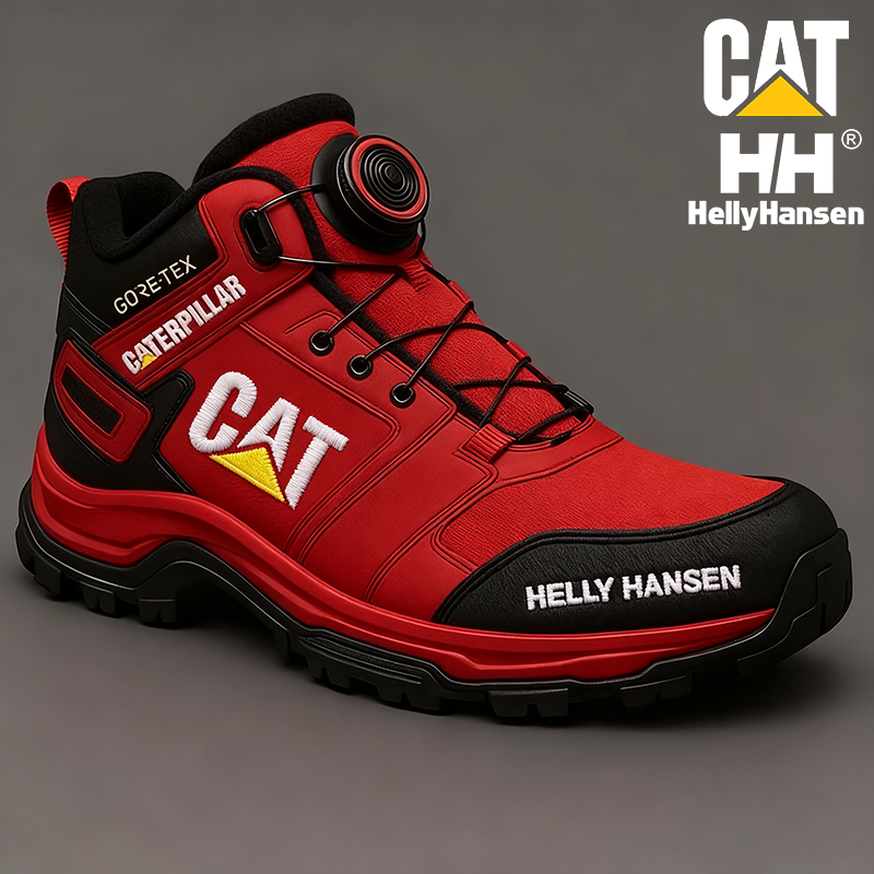 Ciepłe, zimowe, wodoodporne i odporne na przebicie męskie buty robocze marki CAT i Helly Hansen.