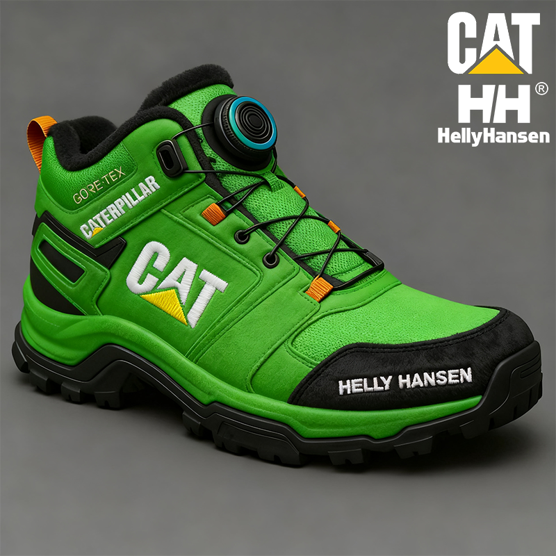 Ciepłe, zimowe, wodoodporne i odporne na przebicie męskie buty robocze marki CAT i Helly Hansen.