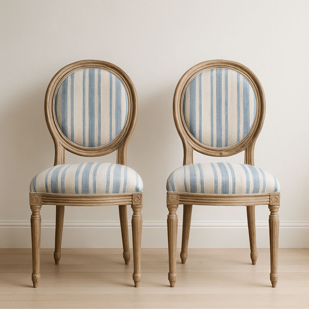 Puutuolipari puuvilla-verhoilulla, sininen/vaalea raita-Pureauroravital