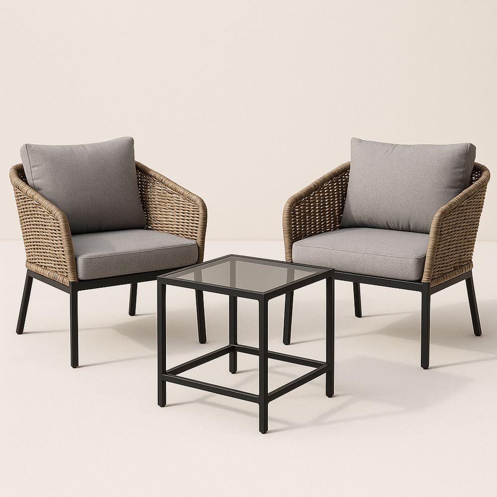 Polyrottinki Ulkoterassisarja 2 Tuolia ja Karastettu Lasipöytä Alumiinirungolla Harmaa-Pureauroravital