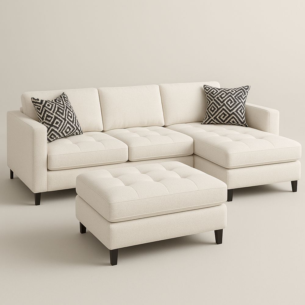 Kulmasohva vaaleanbeige kangas jalkarahi ja tyynyt-Pureauroravital