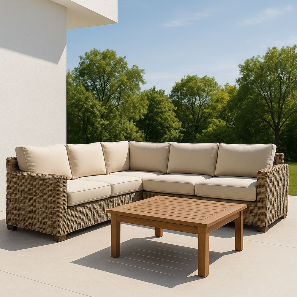 Polyrottinki kulmasohvasetti ulkokäyttöön beige 210x210 cm puupöydällä-Pureauroravital