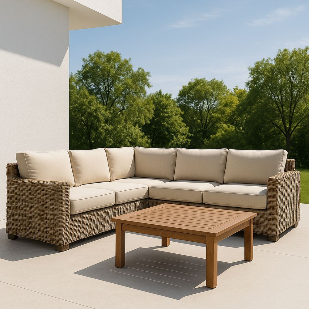 Polyrottinki kulmasohvasetti ulkokäyttöön beige 210x210 cm puupöydällä-Pureauroravital