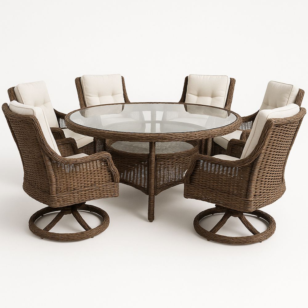 Pyöreä ulkokäyttöön tarkoitettu ruokailuryhmä lasipöydällä ja 6 rottinkituolia-Pureauroravital