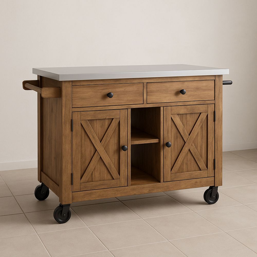 Keittiösaareke puurunkoisella rakenteella, ruostumattomasta teräksestä valmistetulla kannella ja pyörillä-Pureauroravital