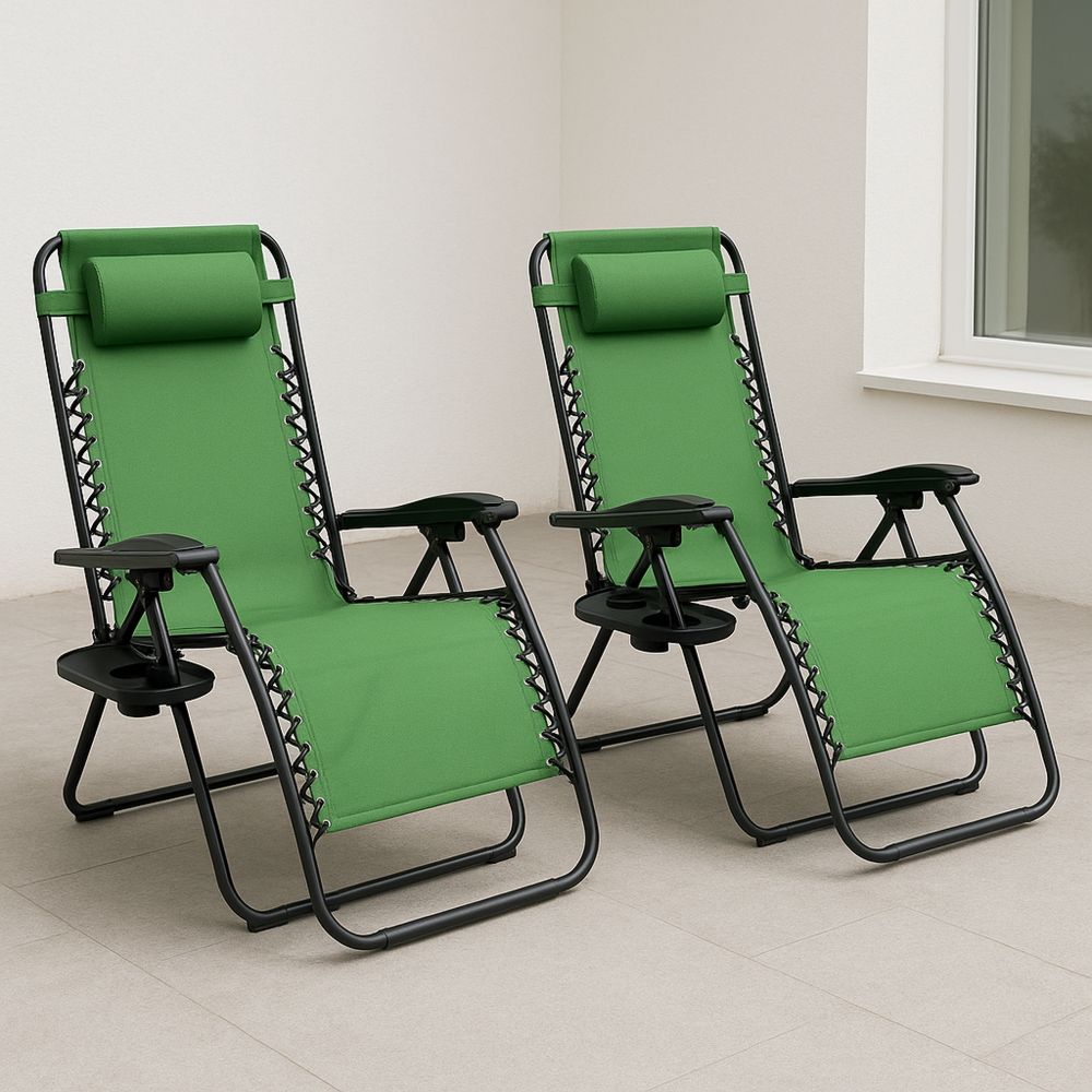 Kahden ulkokäyttöön säädettävä lepotuolisetti vihreällä polyesterikankaalla ja teräsrungolla-Pureauroravital