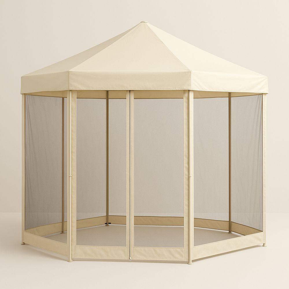 Kuusikulmainen polyesterikatos verkkopaneeleilla 300x260cm beige-Pureauroravital