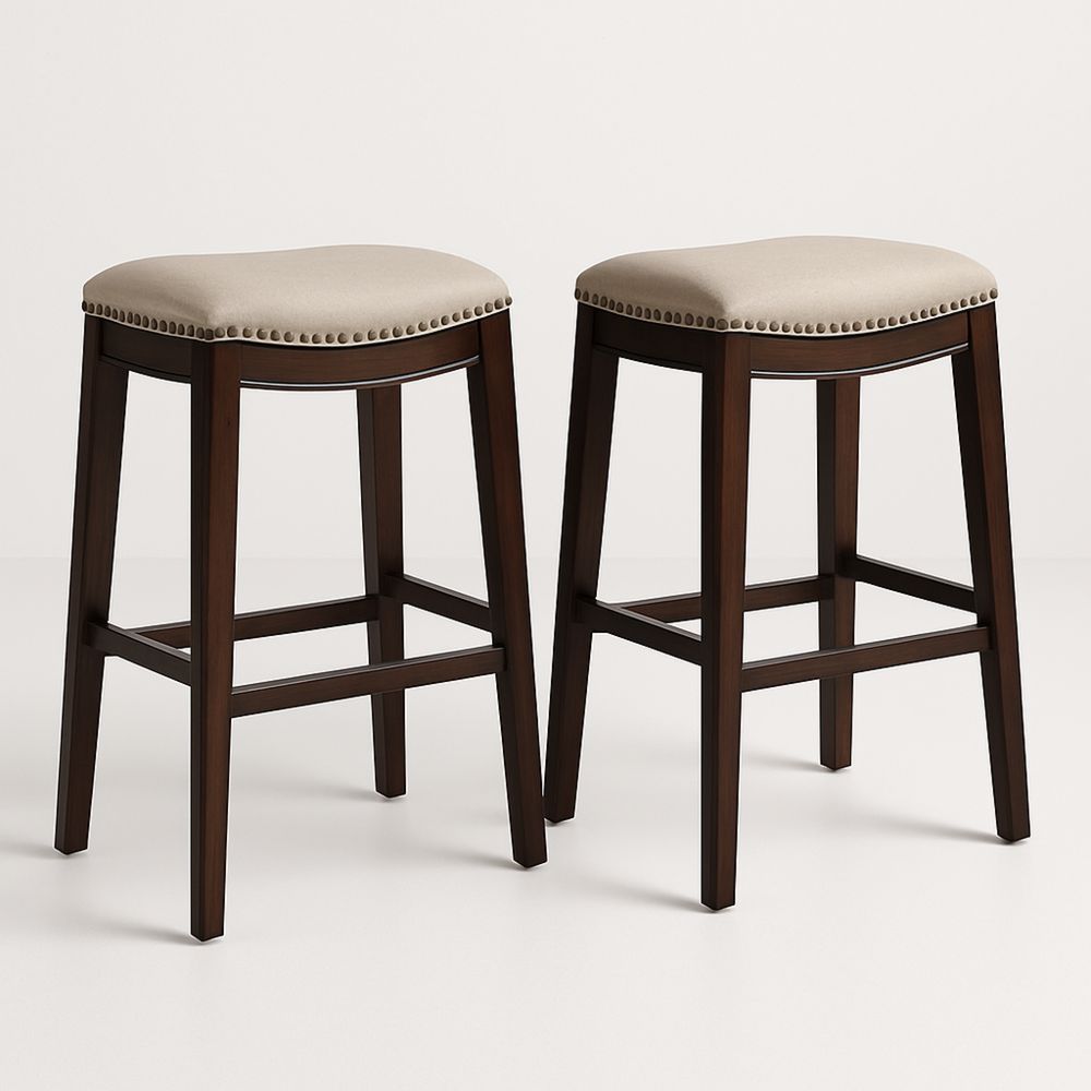 Kaksi kangasverhoiltua puurunkoista baarijakkaraa 76 cm-Pureauroravital