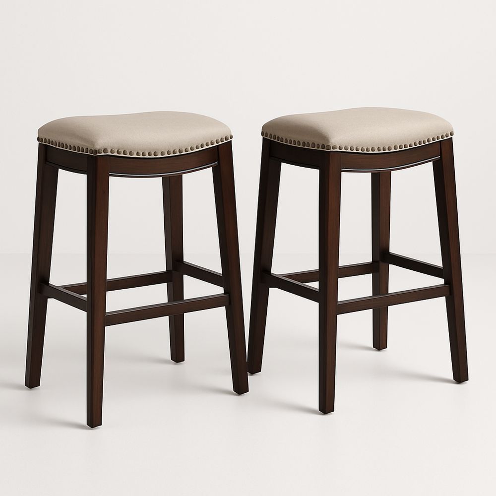 Kaksi kangasverhoiltua puurunkoista baarijakkaraa 76 cm-Pureauroravital