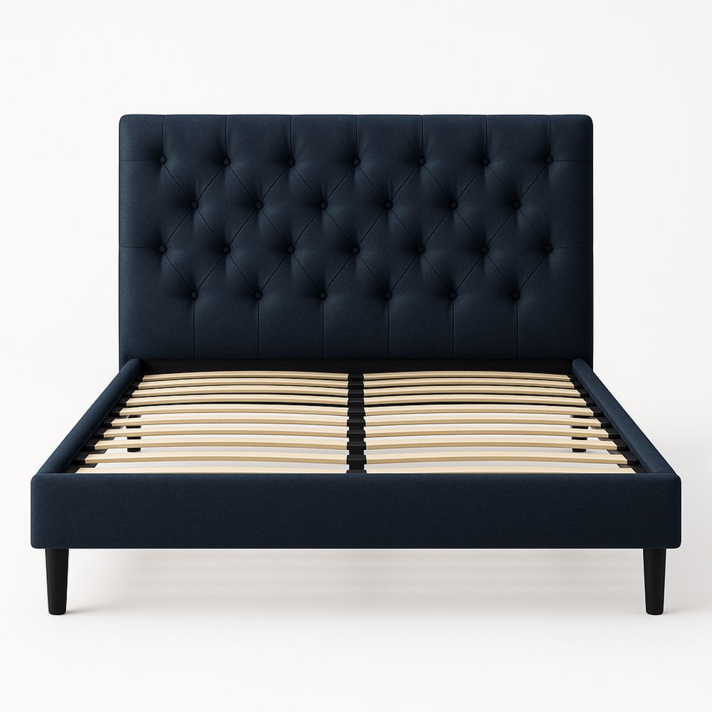 Sininen verhoiltu sänky 160x200 cm puusäleikkö ja napitettu sängynpääty-Pureauroravital