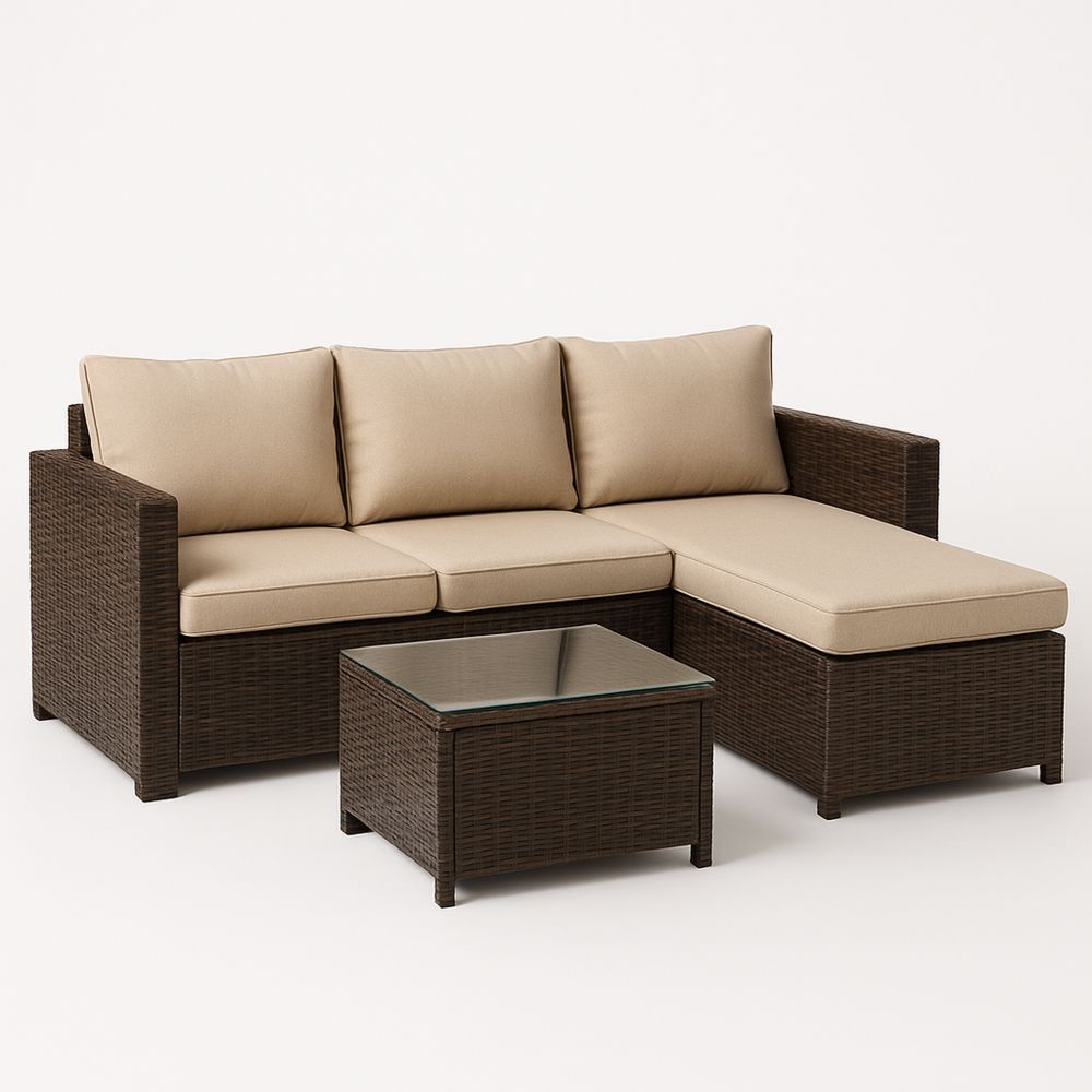 Polyrottinki kulmamoduulisohva ja lasipöytä ruskea/beige-Pureauroravital