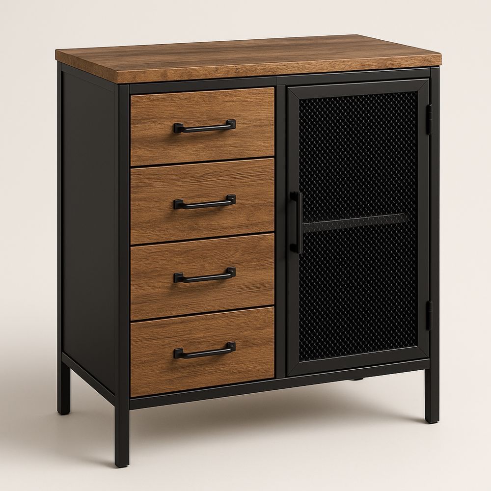 Metallinen kommode puuviilulla ja metalliverkolla 4 laatikkoa-Pureauroravital