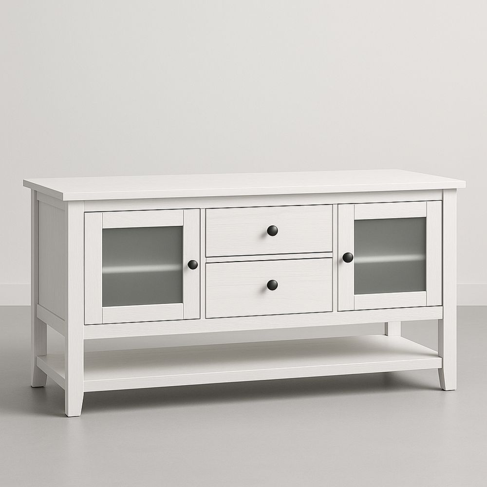 Puinen valkoinen TV-taso huurrelasiovilla-Pureauroravital