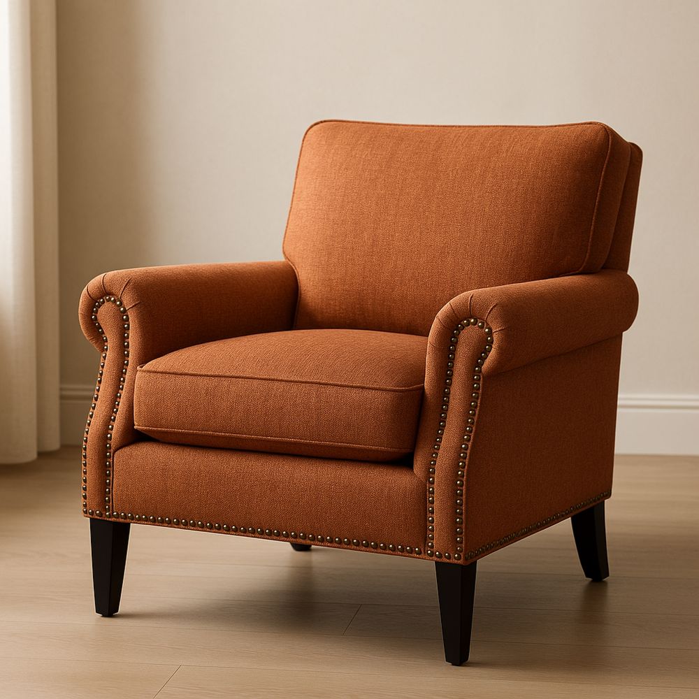 Oranssi polyesteriverhoiltu nojatuoli puisilla jaloilla-Pureauroravital