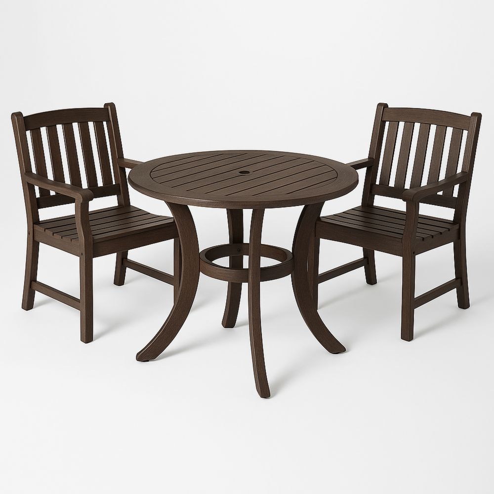 Puutarhakalustesetti, pyöreä pöytä ja kaksi tuolia, puuta, ruskea-Pureauroravital