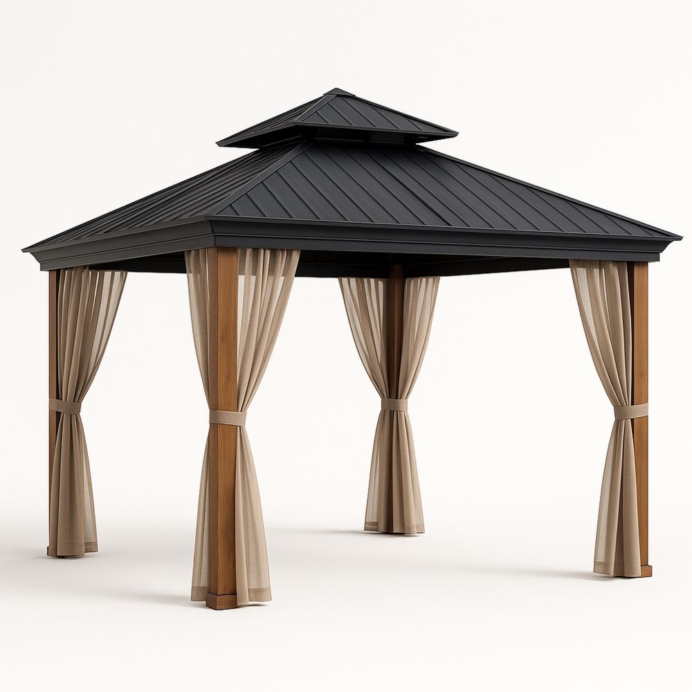 Puutarhapaviljonki teräskatolla ja puupilarilla 300x300x280 cm musta/beige-Pureauroravital