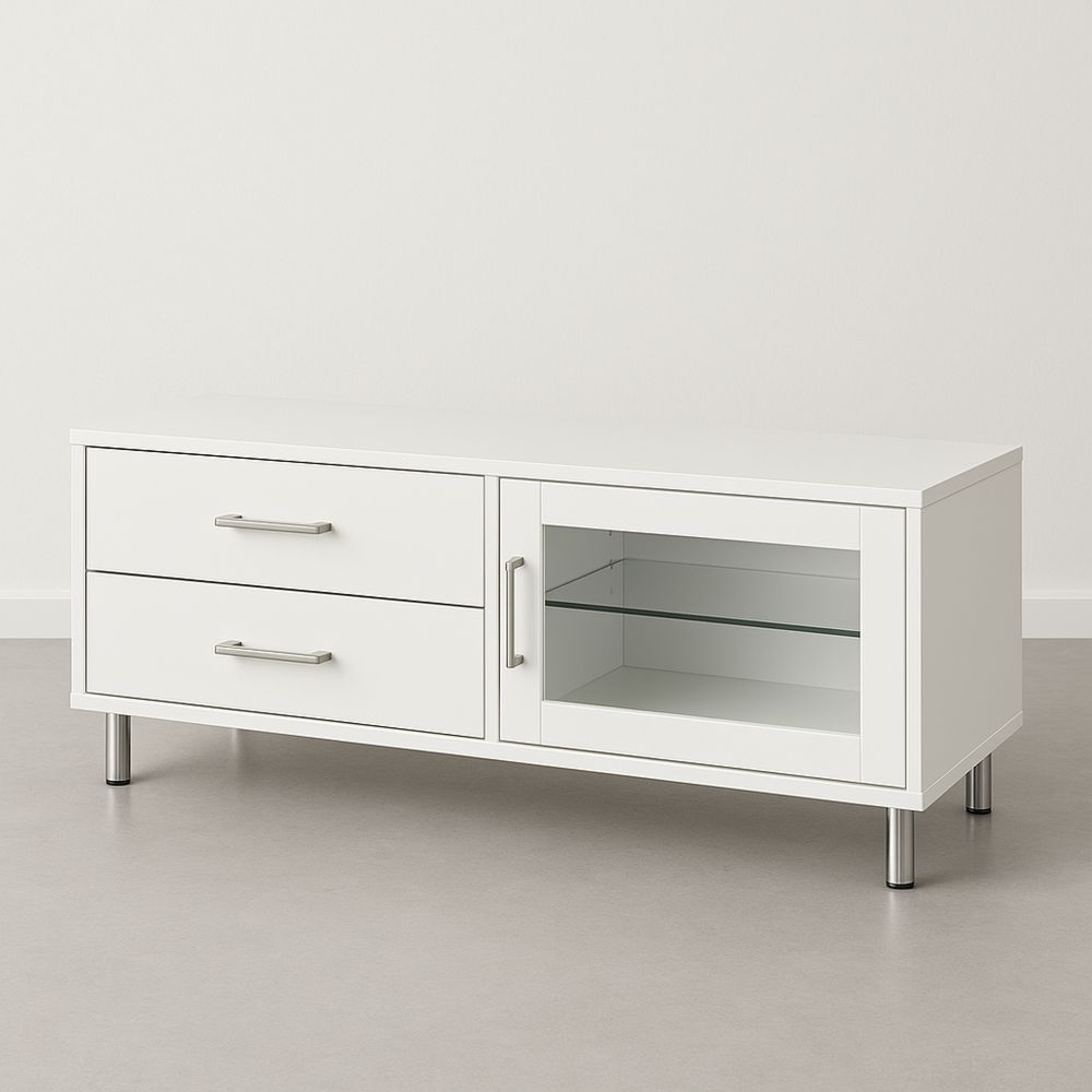Valkoinen TV-taso vetolaatikoilla ja lasiovella-Pureauroravital