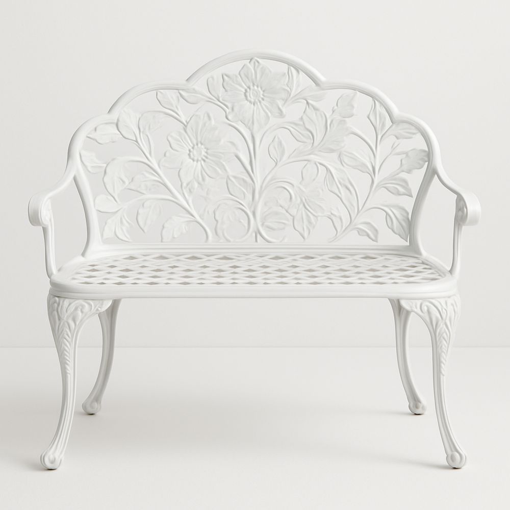 Valkoinen alumiininen kukkakuvioitu puutarhapenkki, 2-istuttava-Pureauroravital