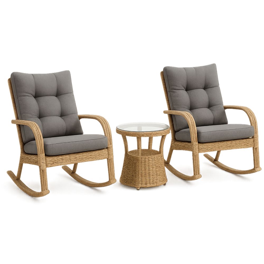 Rottinki Keinutuoli ja Pöytä Setti Harmaa/Beige-Pureauroravital