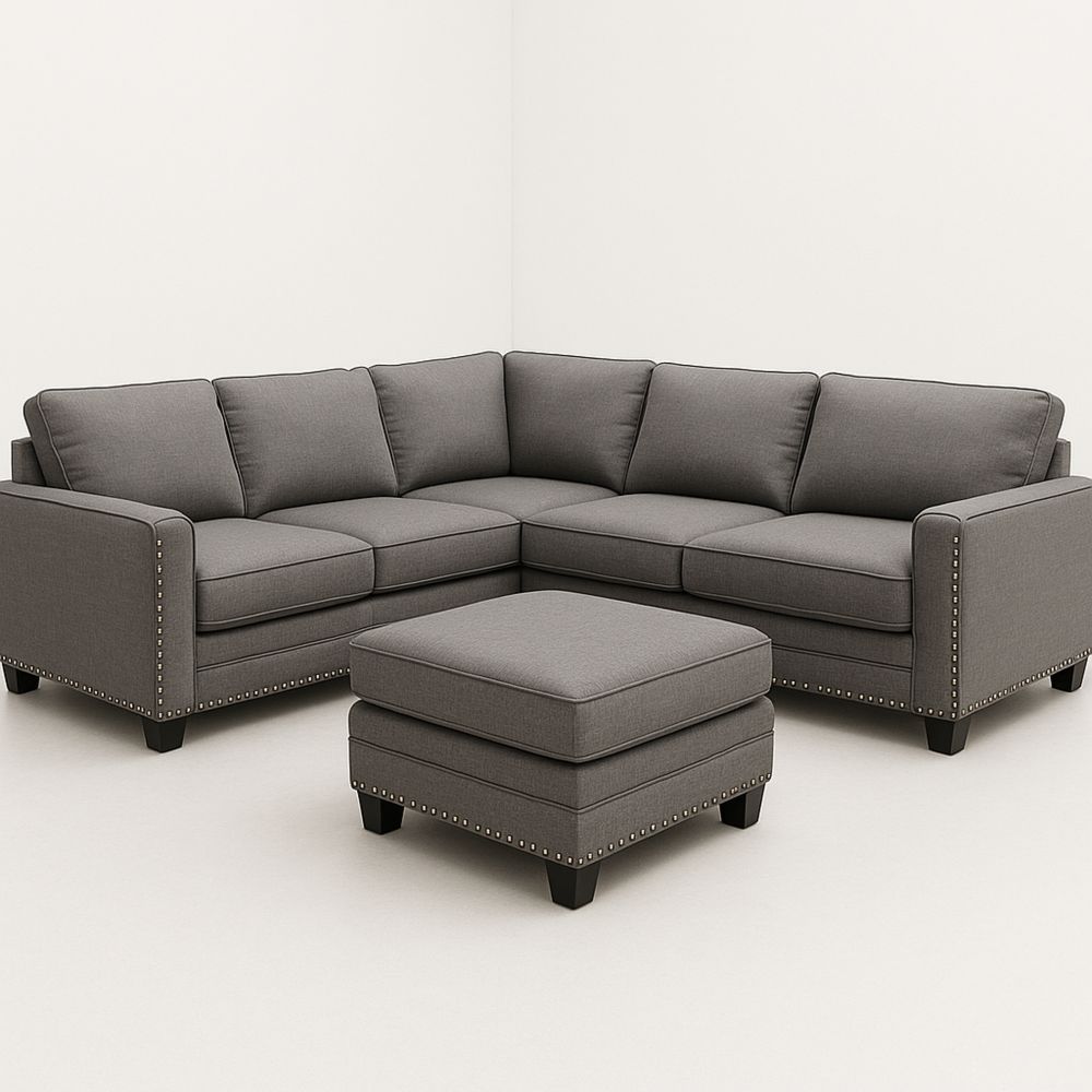 L-kulmasohva harmaa kangas puujaloilla-Pureauroravital