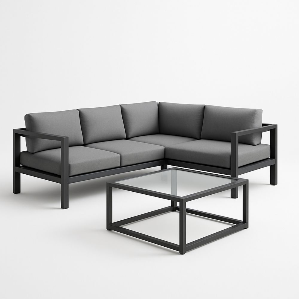 Kulmasohvasetti alumiinirunko polyesterityynyt karkaistu lasipöytä harmaa-Pureauroravital