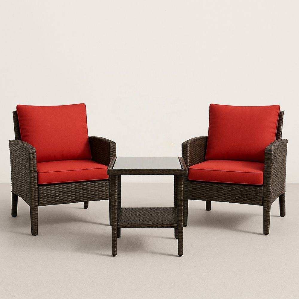 Polyrottinkinen ulkokalustesetti punaisilla tyynyillä-Pureauroravital