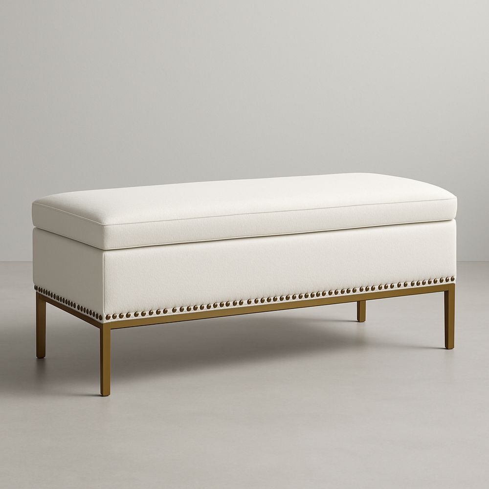 Metallijalkainen valkoinen kangaspenkki säilytystilalla-Pureauroravital