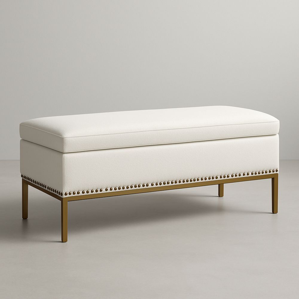 Metallijalkainen valkoinen kangaspenkki säilytystilalla-Pureauroravital