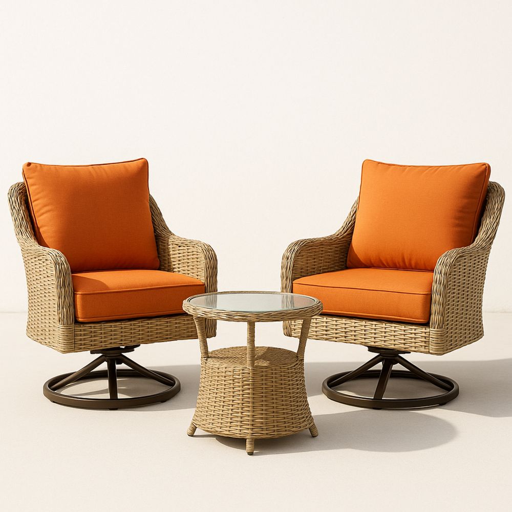 Polyrottinki Parvekesetti Oranssi Tyynyillä 2 Tuolia ja Pöytä Lasikannella-Pureauroravital