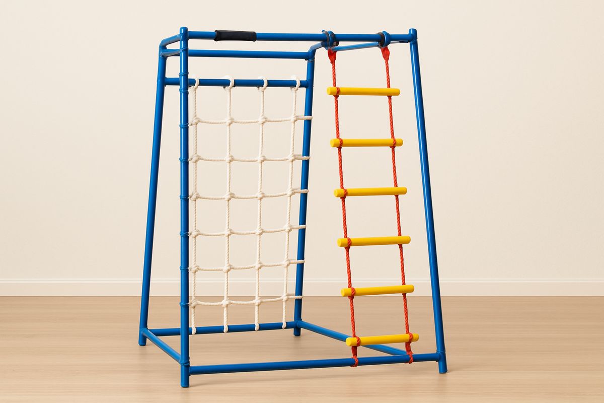 Lasten kiipeilyteline teräsrungolla ja mäntyaskelmilla, 120 cm – sininen/keltainen/punainen, EN71 turvallisuus, 3–10 v-Jardineterna