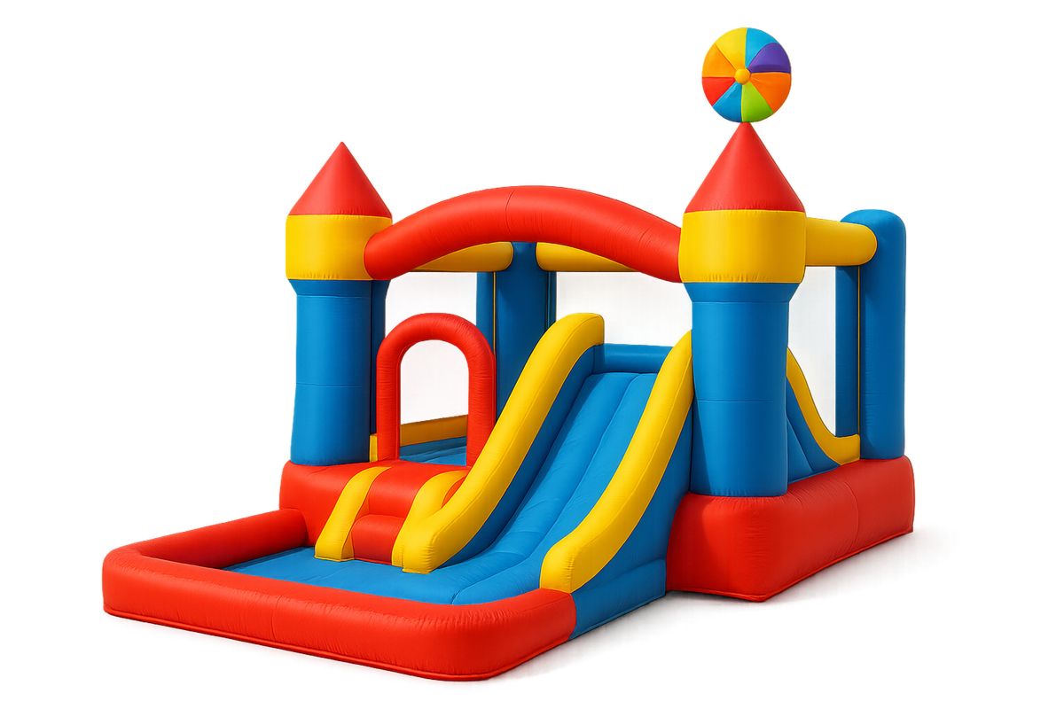 Polyesterinen ilmatäytteinen pomppulinna liukumäellä 400x300x250 cm-Jardineterna