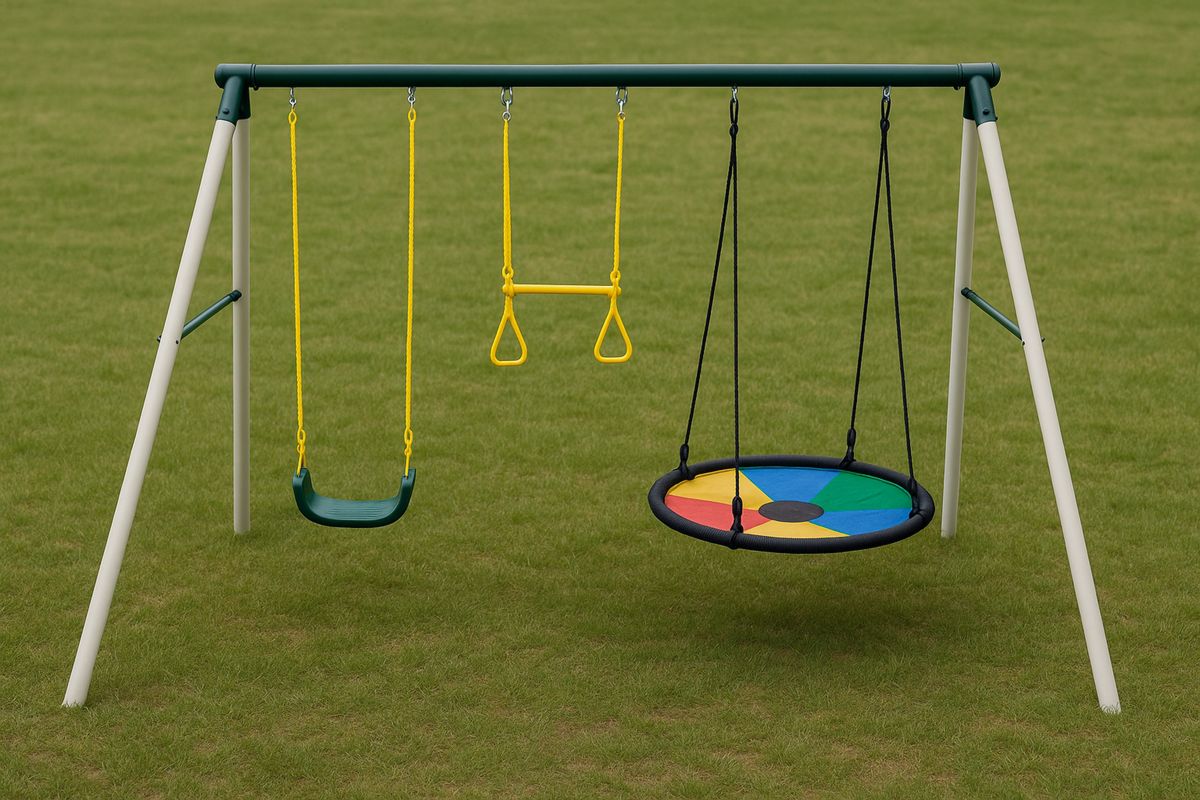 Lasten keinusetti 3-in-1, teräsrunko, perinteinen keinu, trapetsikeinu ja pesäkeinu, EN 71-Jardineterna