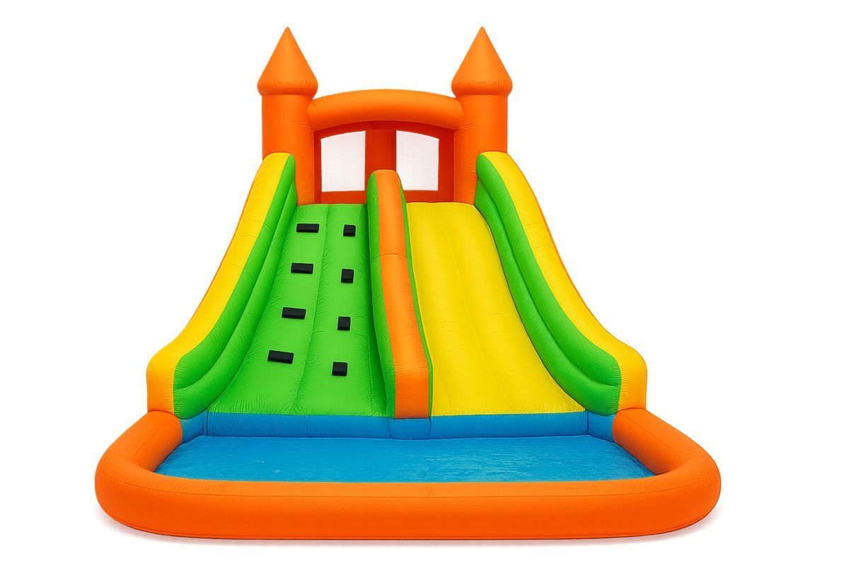 Lasten Ilmatäytteinen Vesisuihkulinna PVC Oranssi/Vihreä/Keltainen/Sininen 400x300x250 cm-Jardineterna