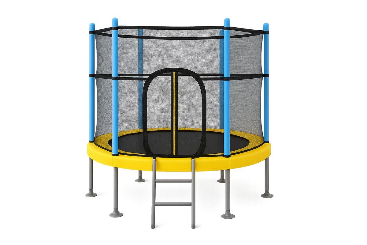 Lasten trampoliini turvaverkolla ja tikkailla, Ø140 cm, teräs, keltainen/sininen/harmaa-Jardineterna