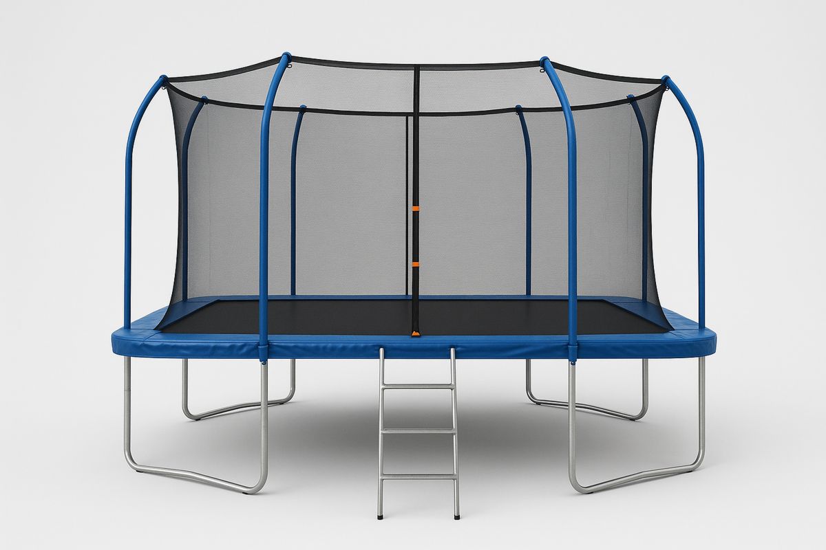 Suorakulmainen trampoliini 400x300 cm, turvaverkolla ja tikkaille, sininen/musta-Jardineterna