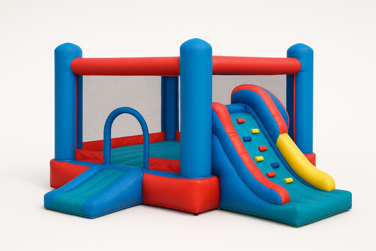 Lasten värikäs puhallettava hyppylinna liukumäellä ja kiipeilyseinällä-Jardineterna
