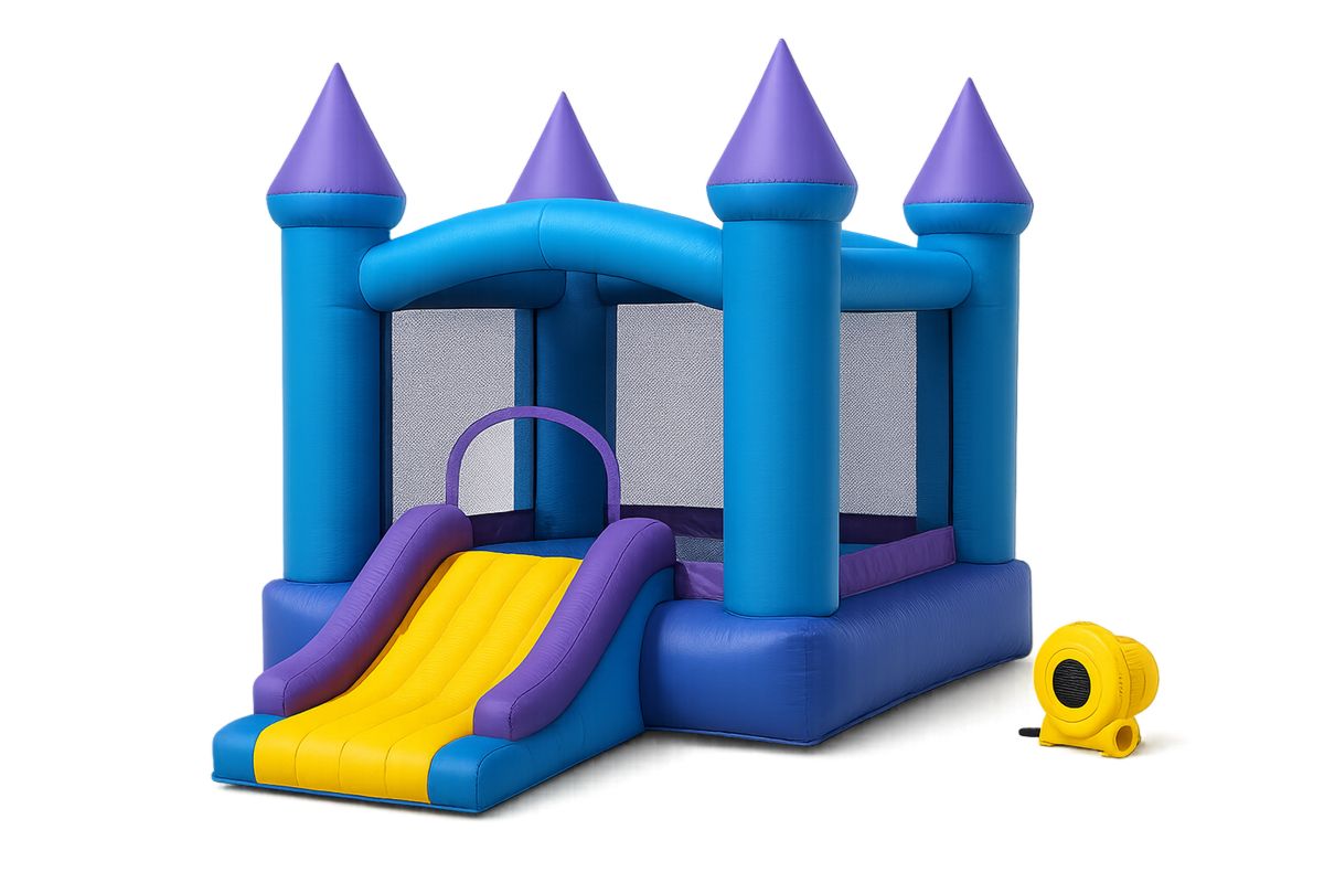 Lasten PVC Ilmatäytteinen Pomppulinna Liukumäellä 300x280x210 cm Sininen/Violetti/Keltainen-Jardineterna