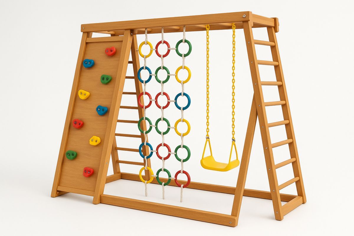 Lasten puinen kiipeilyteline värikkäässä keinussa-Jardineterna
