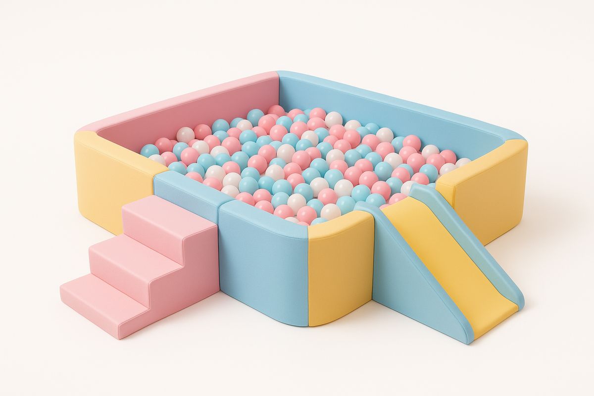 Lasten pallomeri rappusilla ja liukumäellä, vaaleanpunainen, vaaleansininen, keltainen-Jardineterna