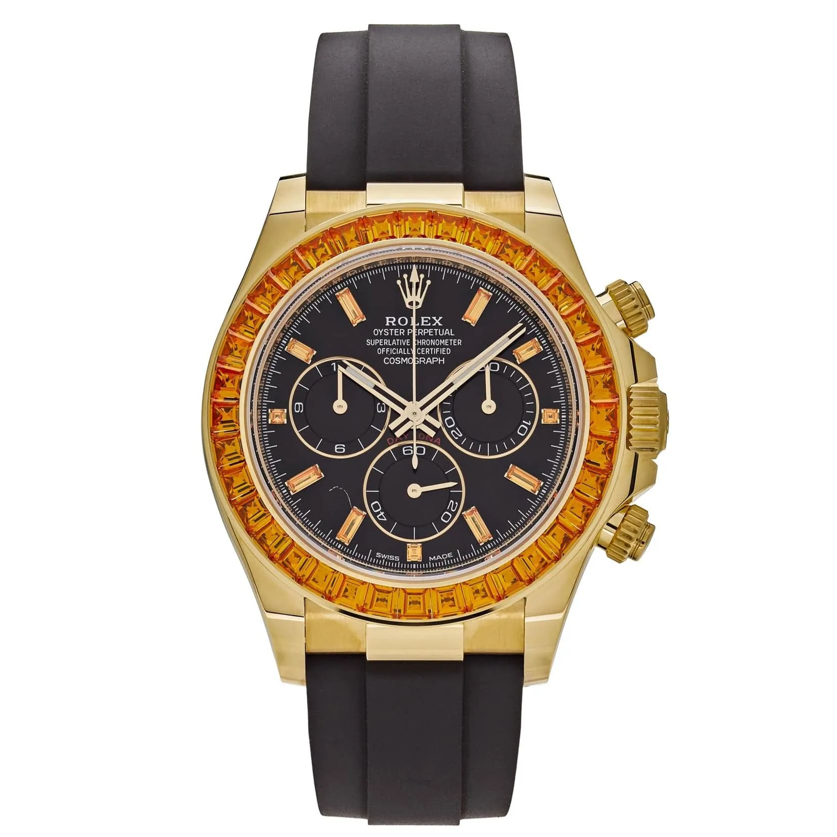 Rolthtex Daytona 116588SACO Yellow Gold Orange Sapphire Bezel Black Diamond Dial
