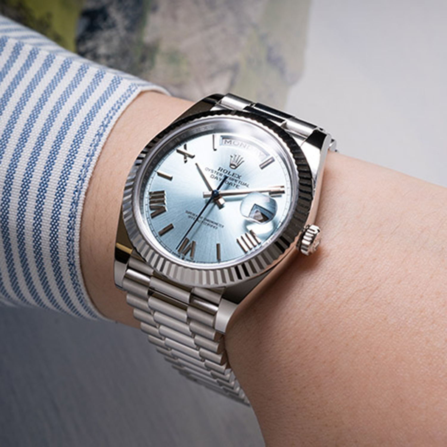 rolthtex Oyster Perpetual Day-Date President 40mm in Platinum with Ice-Blue Dial Men's Watch 228236-0012 Unworn