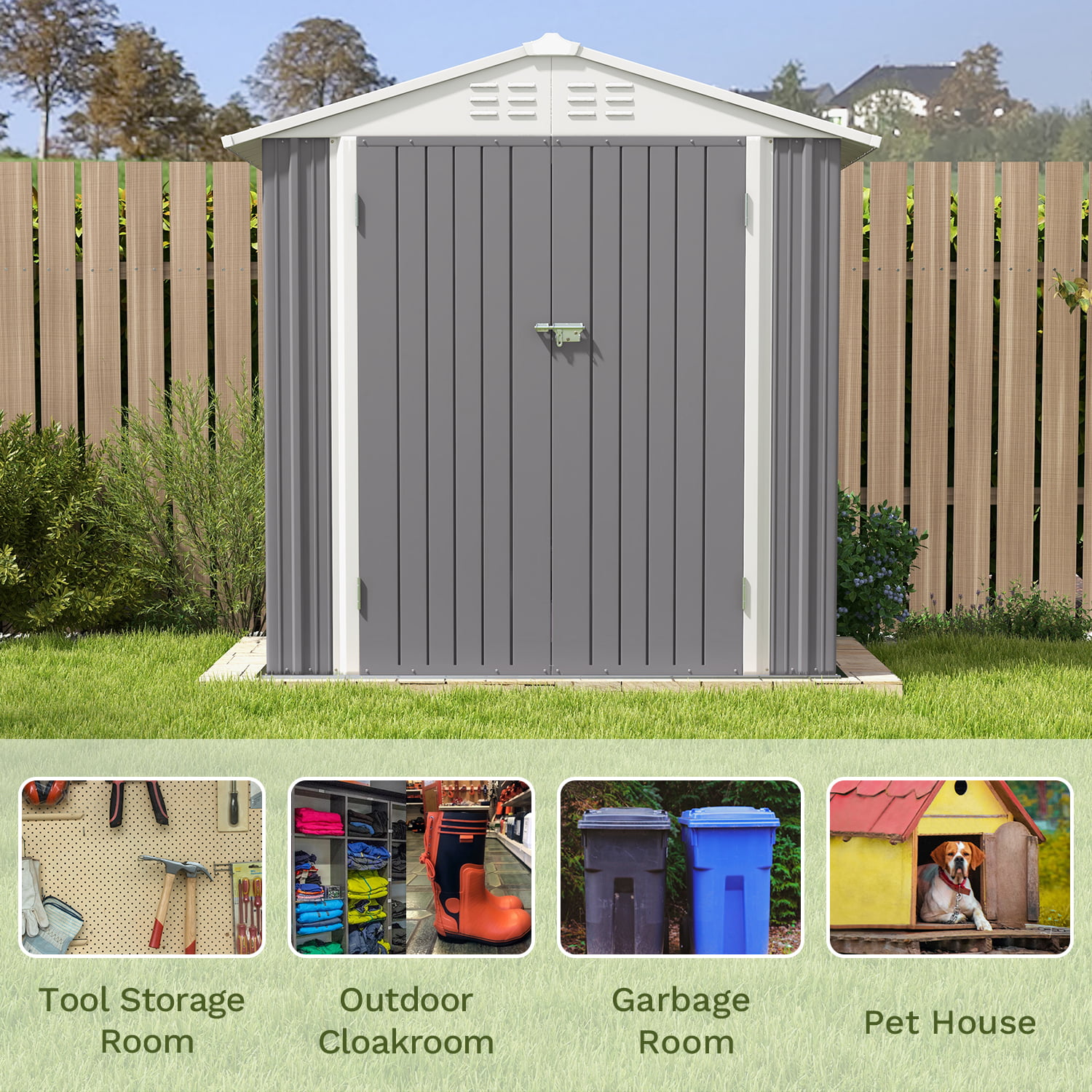 10 x 10 ft Outdoor Storage Metal Shed with Sloping Roof and Double Lockable Door, Brown