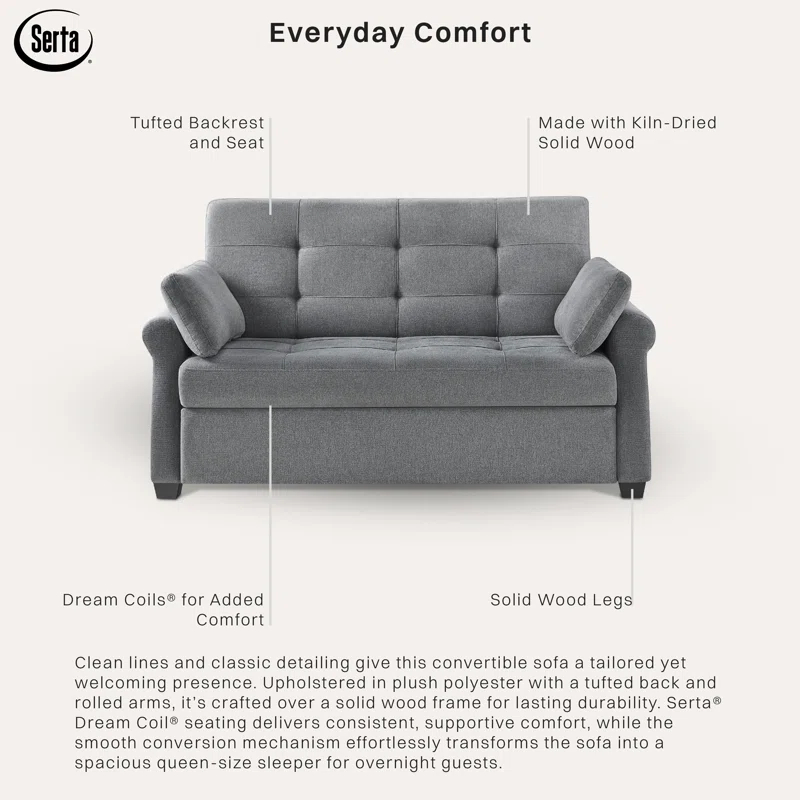 Serta Sabrina 72.6'' Queen Rolled Arm Tufted Back Convertible Sleeper Sofa with Cushions