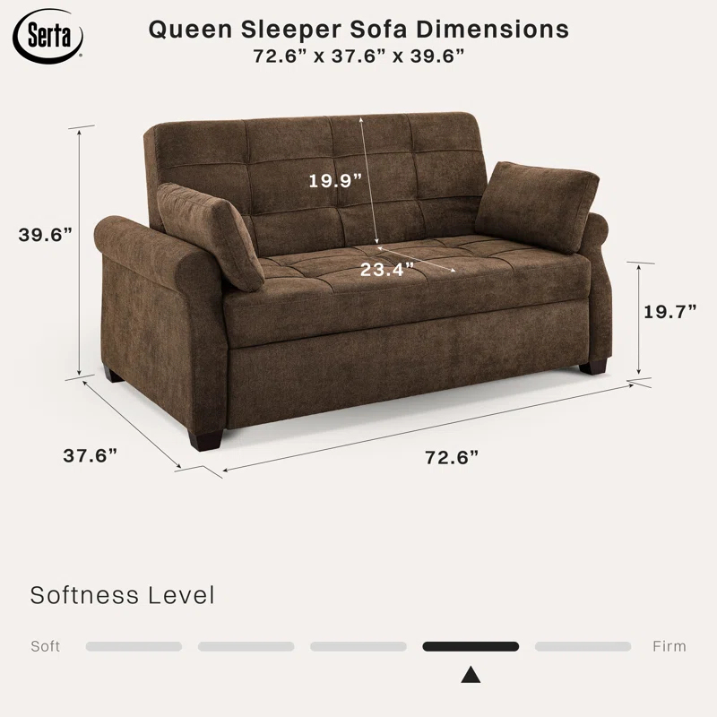 Serta Sabrina 72.6'' Queen Rolled Arm Tufted Back Convertible Sleeper Sofa with Cushions