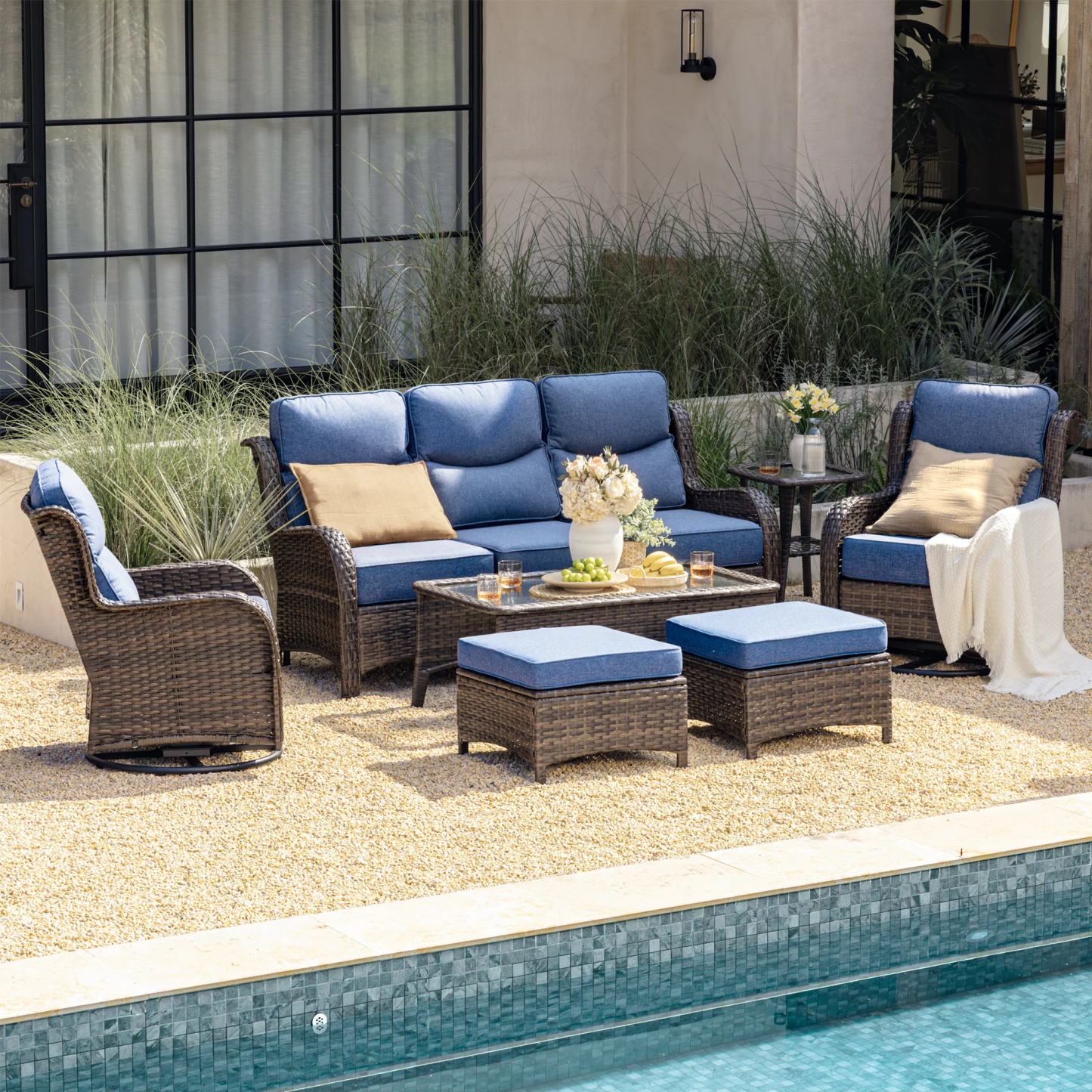 Hawthorne 5 Seater Patio Rattan Sofa Set with Swivel Chairs