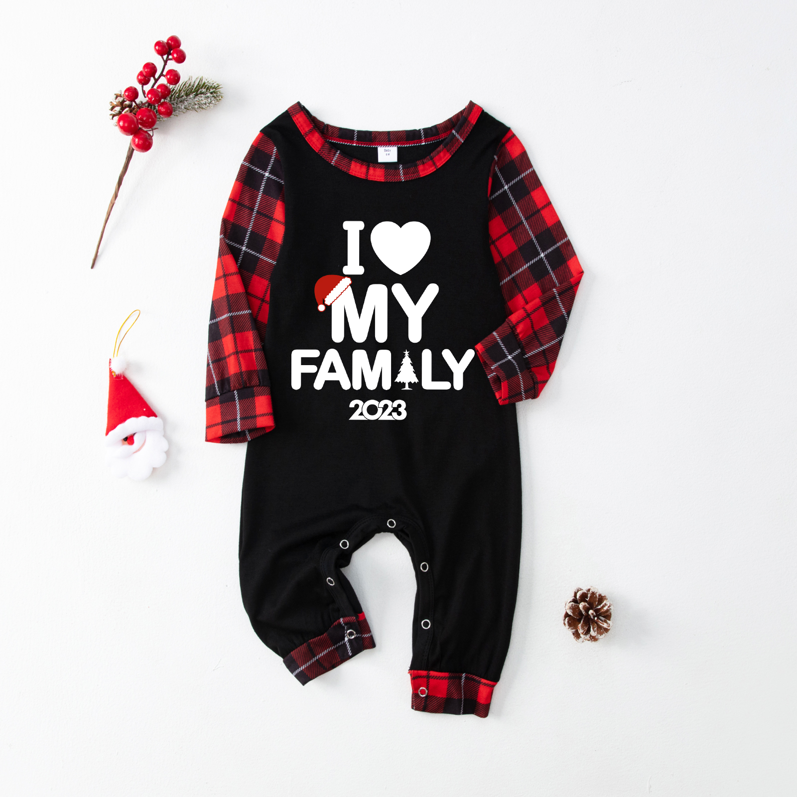 I Love My Family 2023 Christmas Plaids Family Matching Pajamas Set(Black)