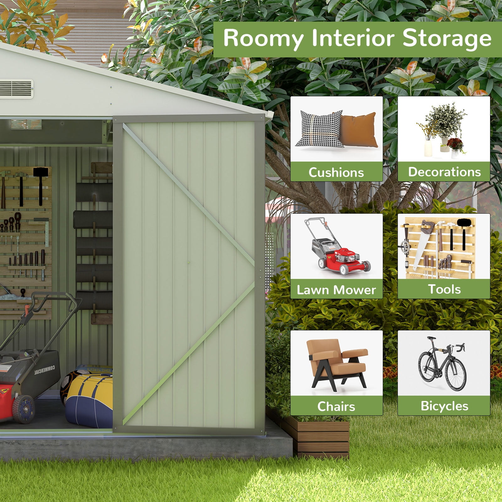 10 x 10 ft Outdoor Storage Metal Shed with Sloping Roof and Double Lockable Door, Brown