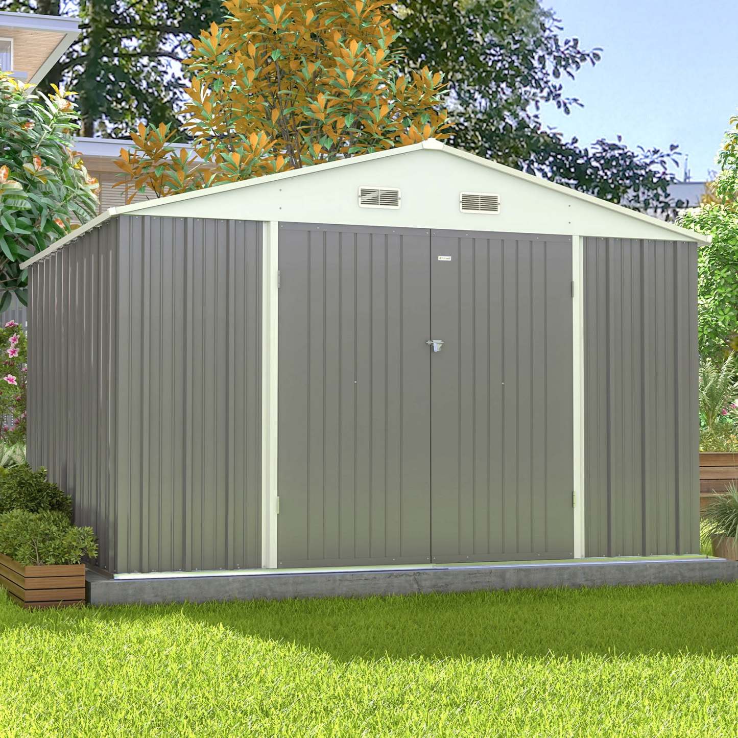 10 x 10 ft Outdoor Storage Metal Shed with Sloping Roof and Double Lockable Door, Brown
