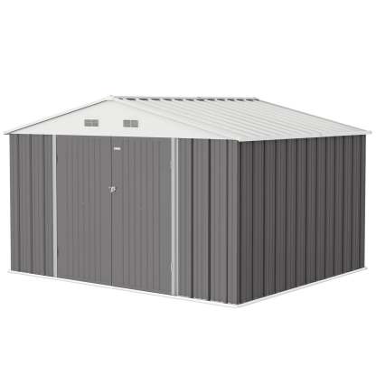 10 x 10 ft Outdoor Storage Metal Shed with Sloping Roof and Double Lockable Door, Brown
